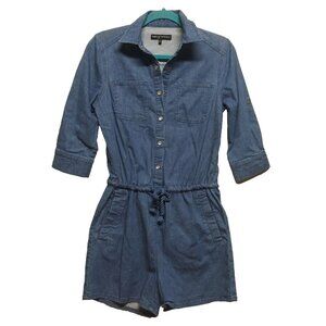 Womens romper dress short denim chambray XS/S/M collar drawstring roll tab sleev